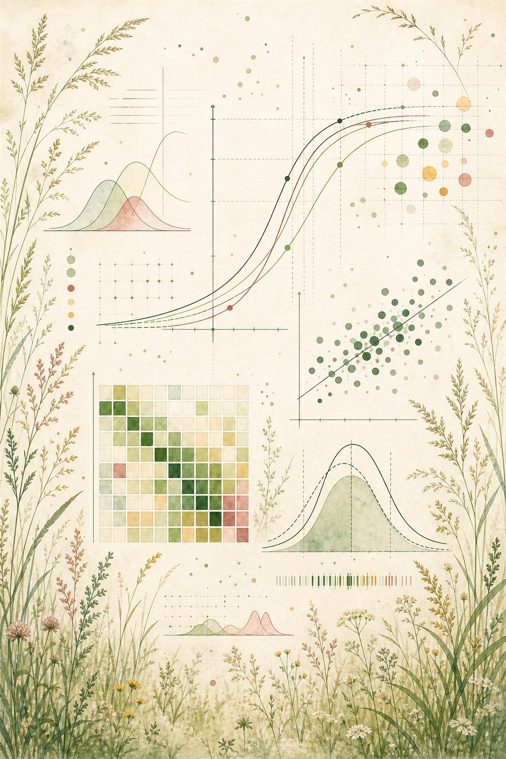 Statistische Kurven, Punktwolken und Datenmuster mit dichterem Gras-Motiv